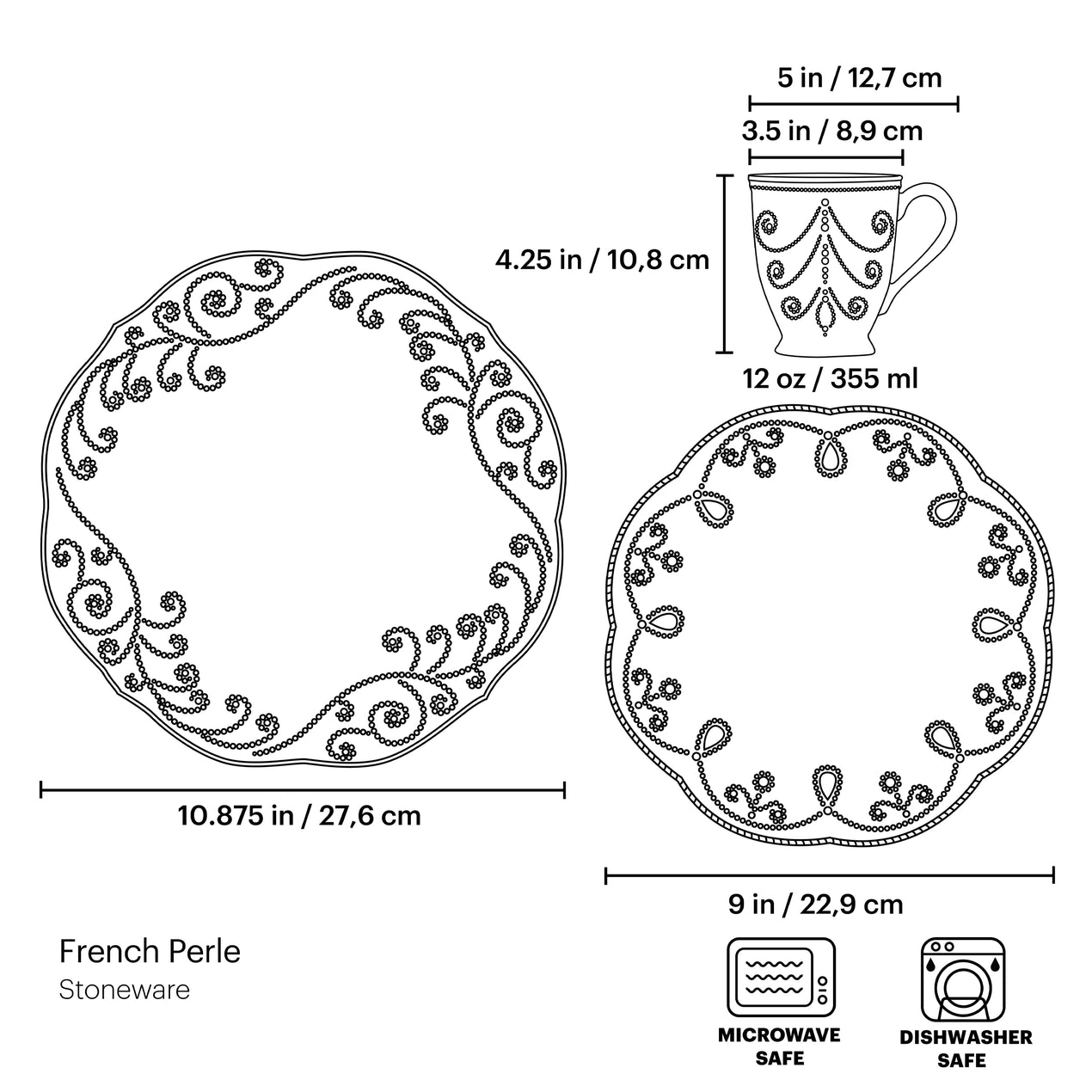 French Perle 12-Piece Plate & Mug Dinnerware Set