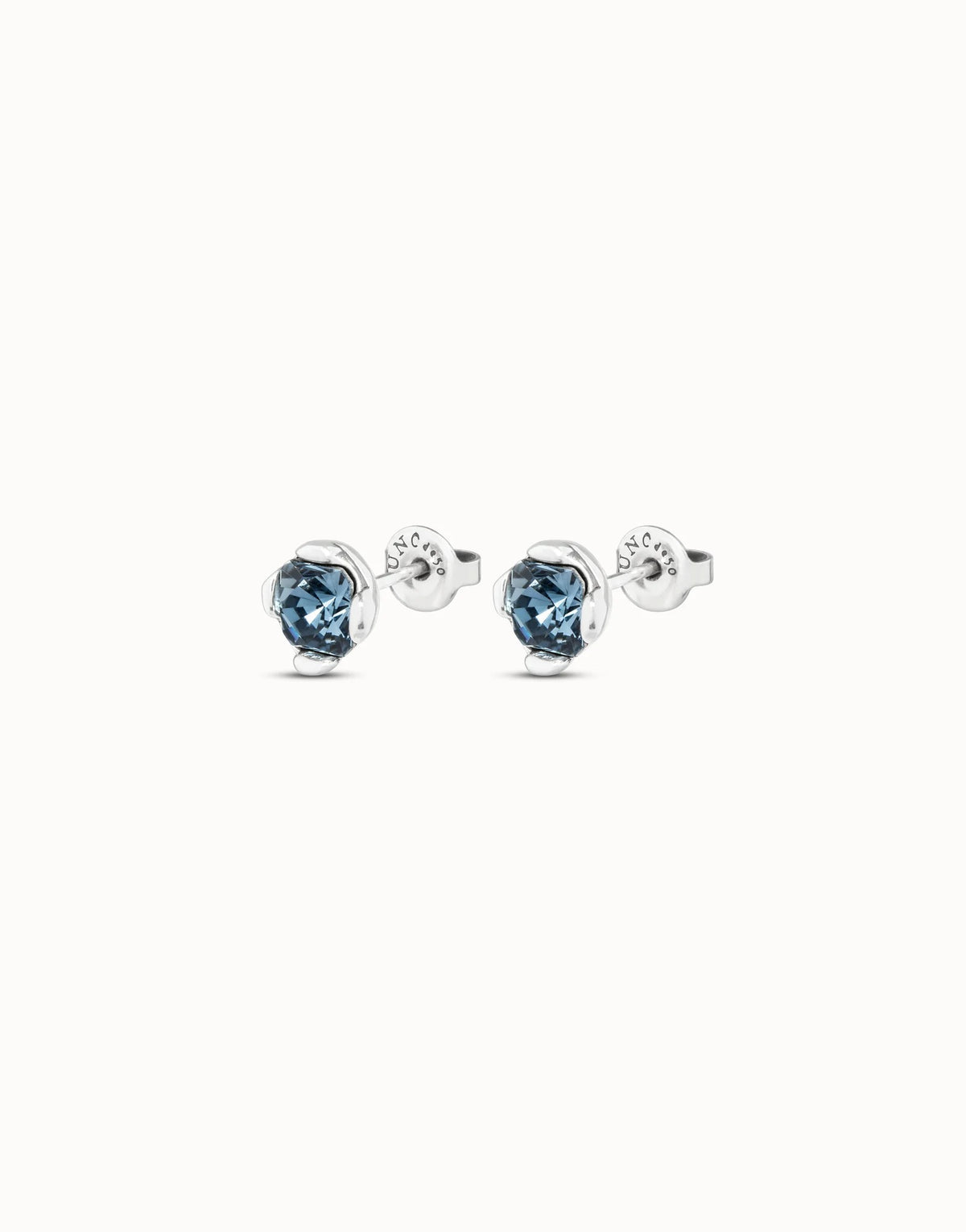 Stud Earrings With Blue Faceted Crystal - Silver