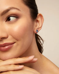 Stud Earrings With Blue Faceted Crystal - Silver