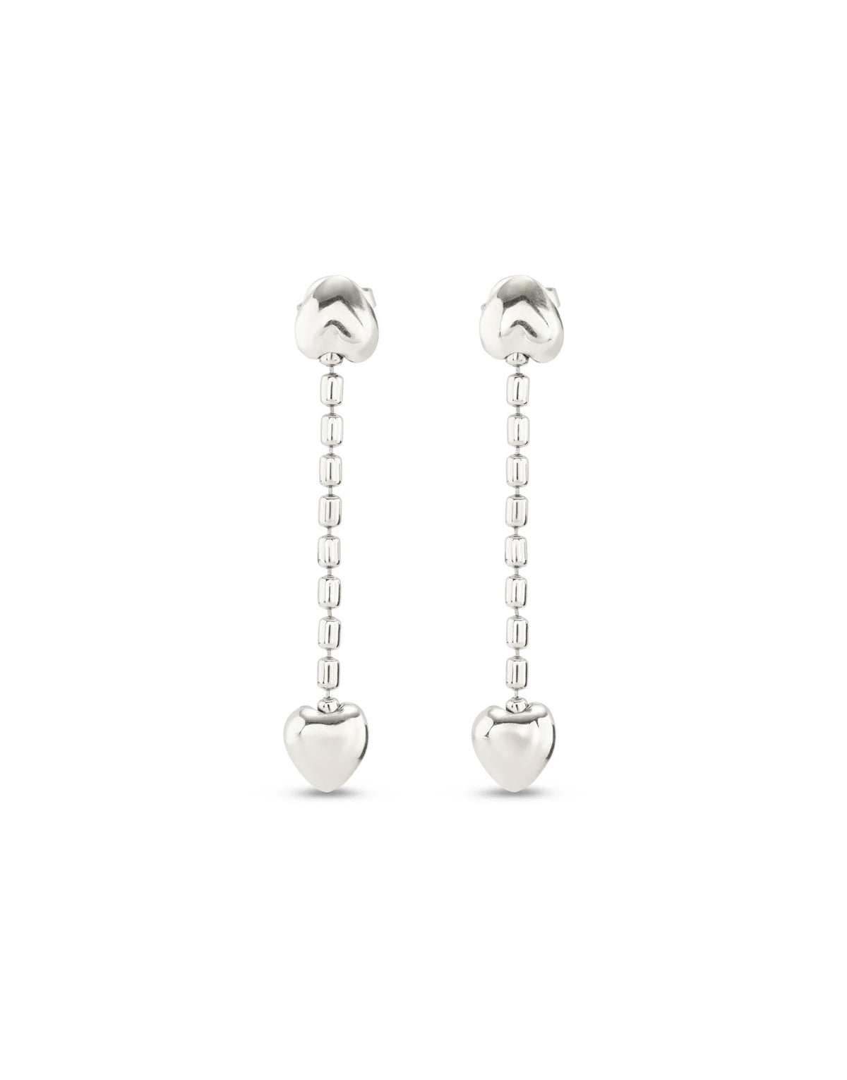 Earrings With Hanging Chain And Small Hearts - Silver