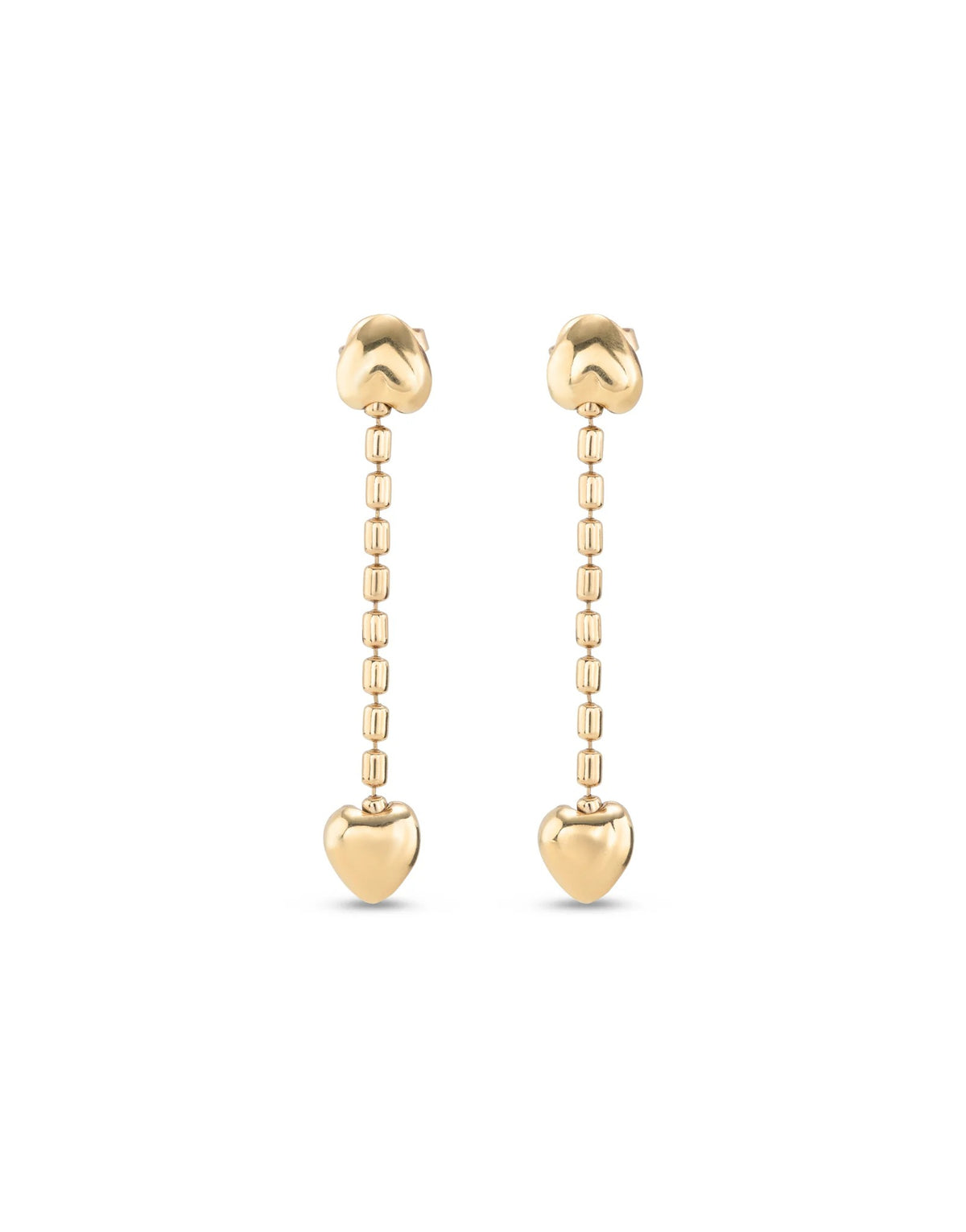 Drop Earrings With Hanging Chain And Small Hearts - Gold