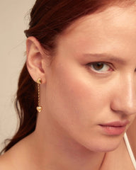 Drop Earrings With Hanging Chain And Small Hearts - Gold