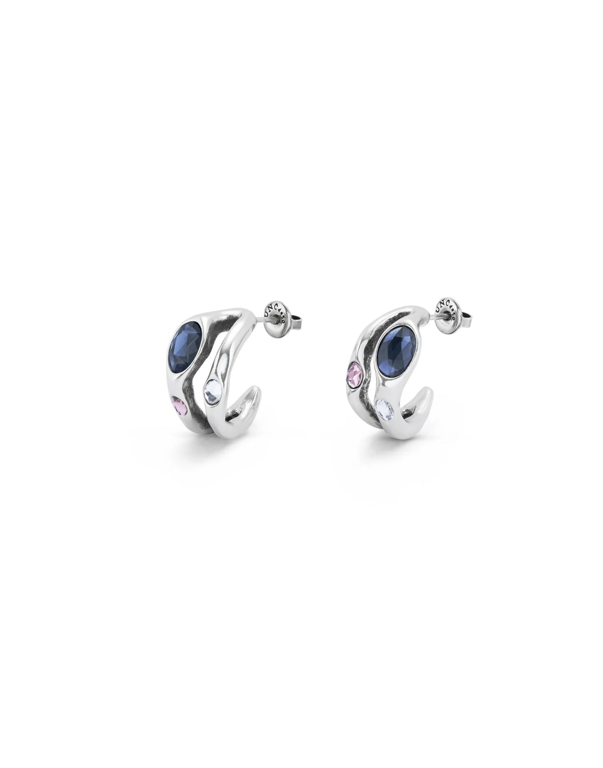 Hoop Earrings With Black Faceted Crystal - Silver