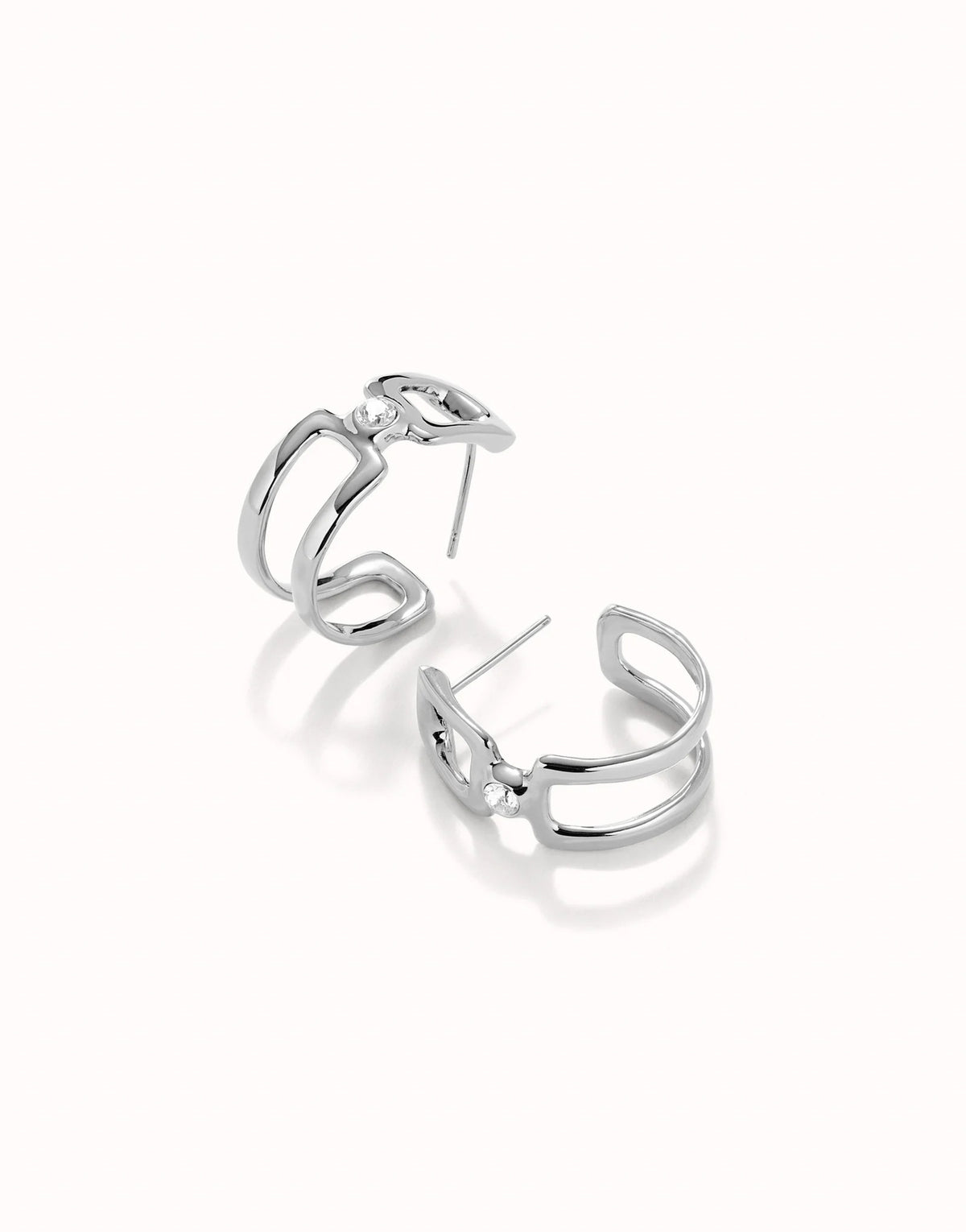 Double Hoop Earrings With White Topaz - Silver