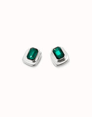 Stud Earrings With Green Faceted Crystal - Silver