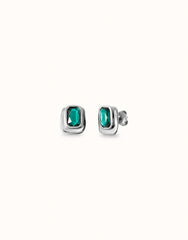 Stud Earrings With Green Faceted Crystal - Silver