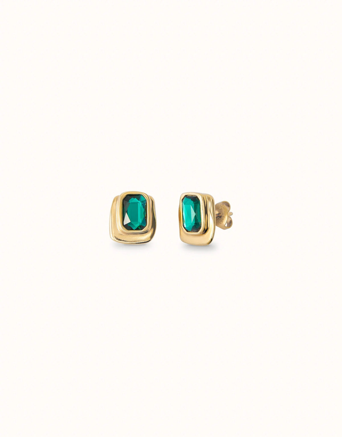 Stud Earrings With Green Faceted Crystal - Gold
