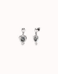 Drop Earrings With Heart And Black Crystal - Silver