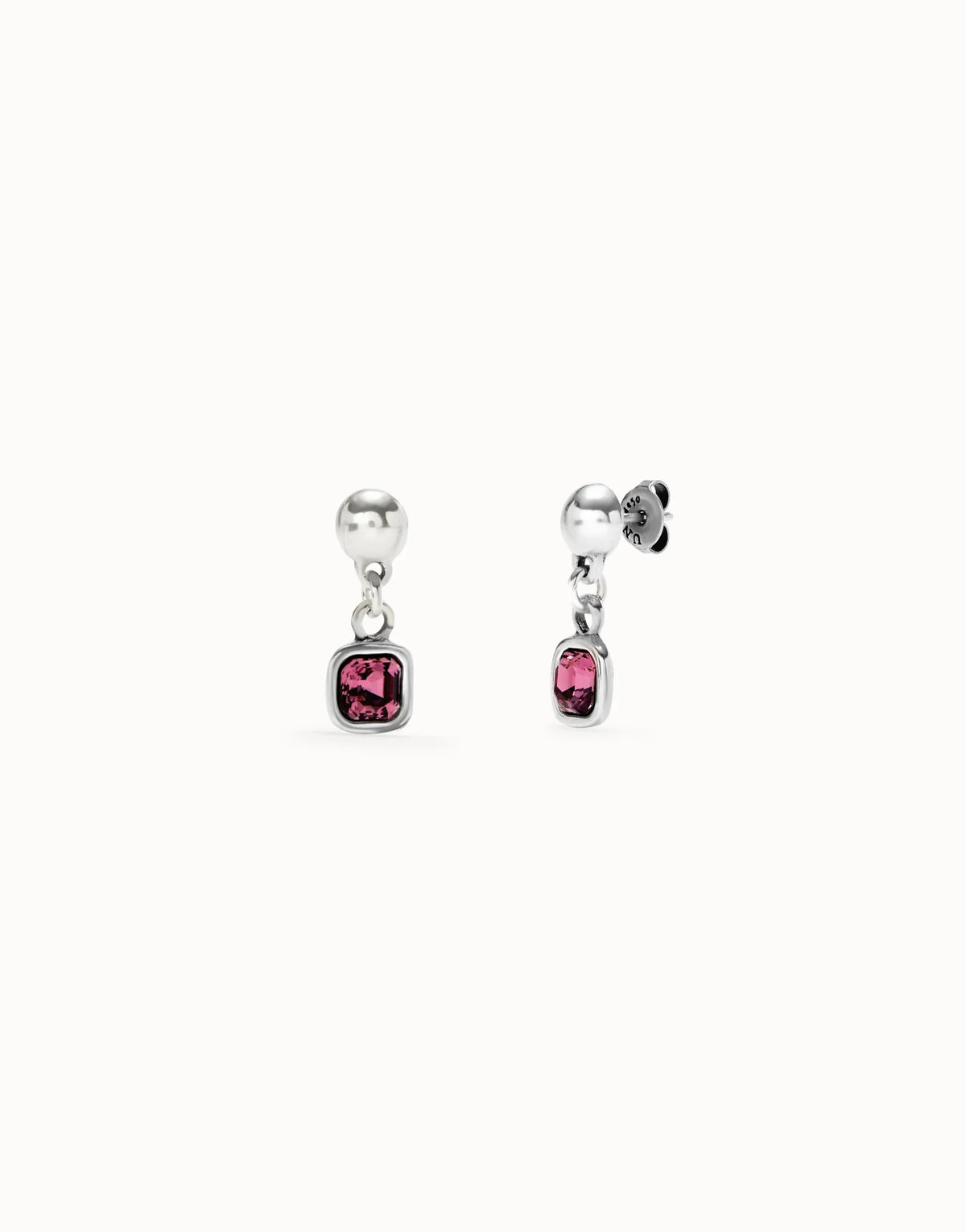 Drop Earrings With Pink Crystal - Silver