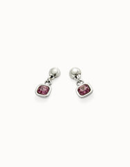Drop Earrings With Pink Crystal - Silver
