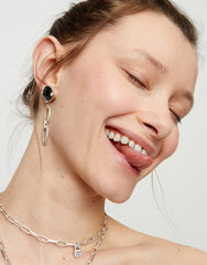 Long Earring With Grey Faceted Crystal - Silver