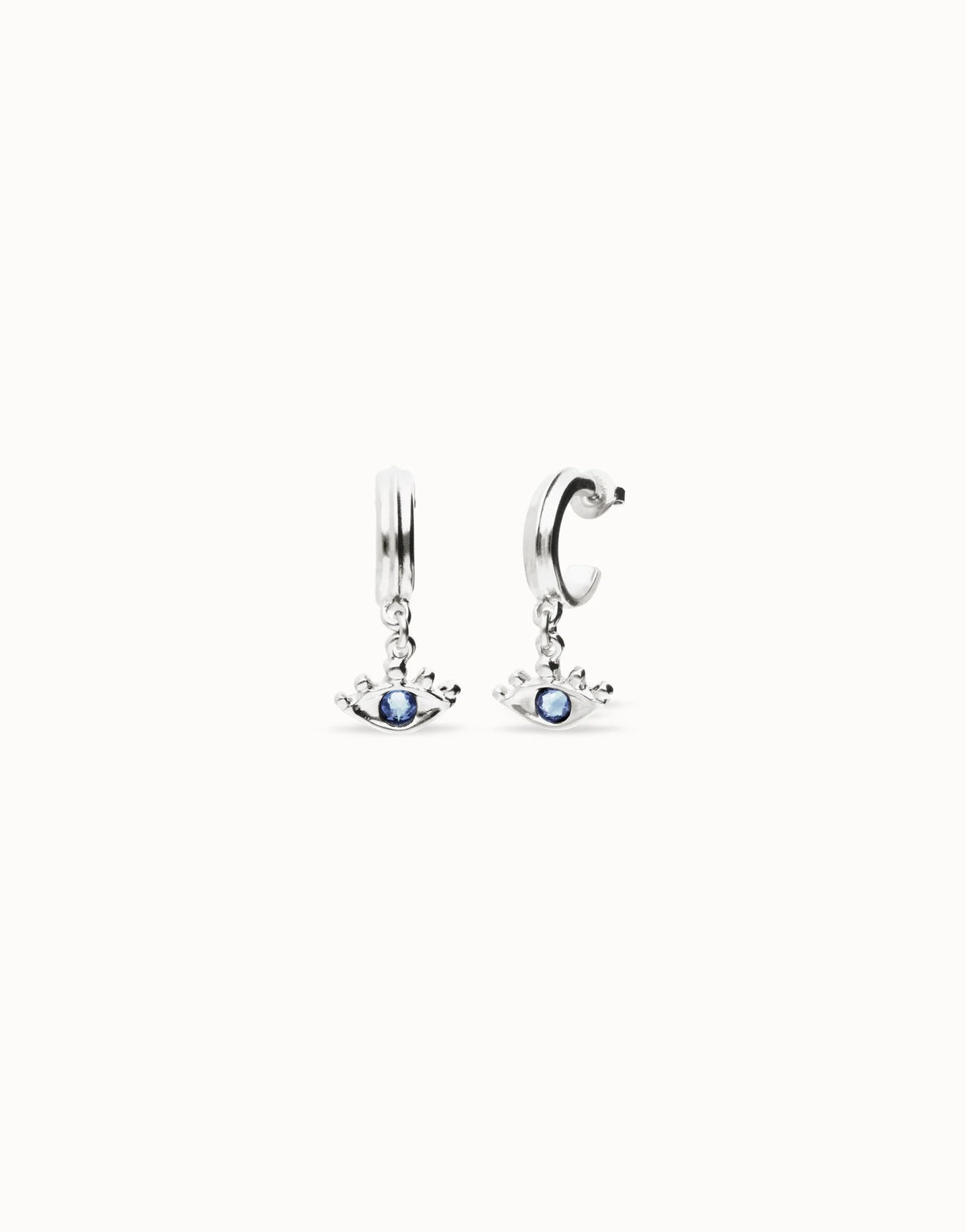 Hoop Earrings Plated In Sterling Silver With An Eye Detail And Faceted Crystal In Blue