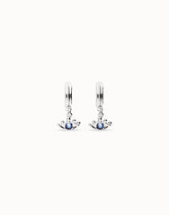 Hoop Earrings Plated In Sterling Silver With An Eye Detail And Faceted Crystal In Blue