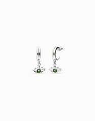 Hoop Earrings Plated In Sterling Silver With An Eye Detail And Faceted Crystal In Green