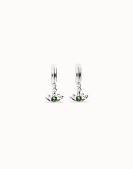 Hoop Earrings Plated In Sterling Silver With An Eye Detail And Faceted Crystal In Green