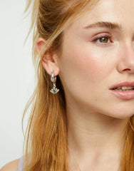 Hoop Earrings Plated In Sterling Silver With An Eye Detail And Faceted Crystal In Green