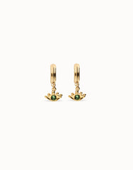 Hoop Earrings Plated In Gold 18K With An Eye Detail And Faceted Crystal In Green