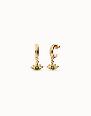 Hoop Earrings Plated In Gold 18K With An Eye Detail And Faceted Crystal In Green