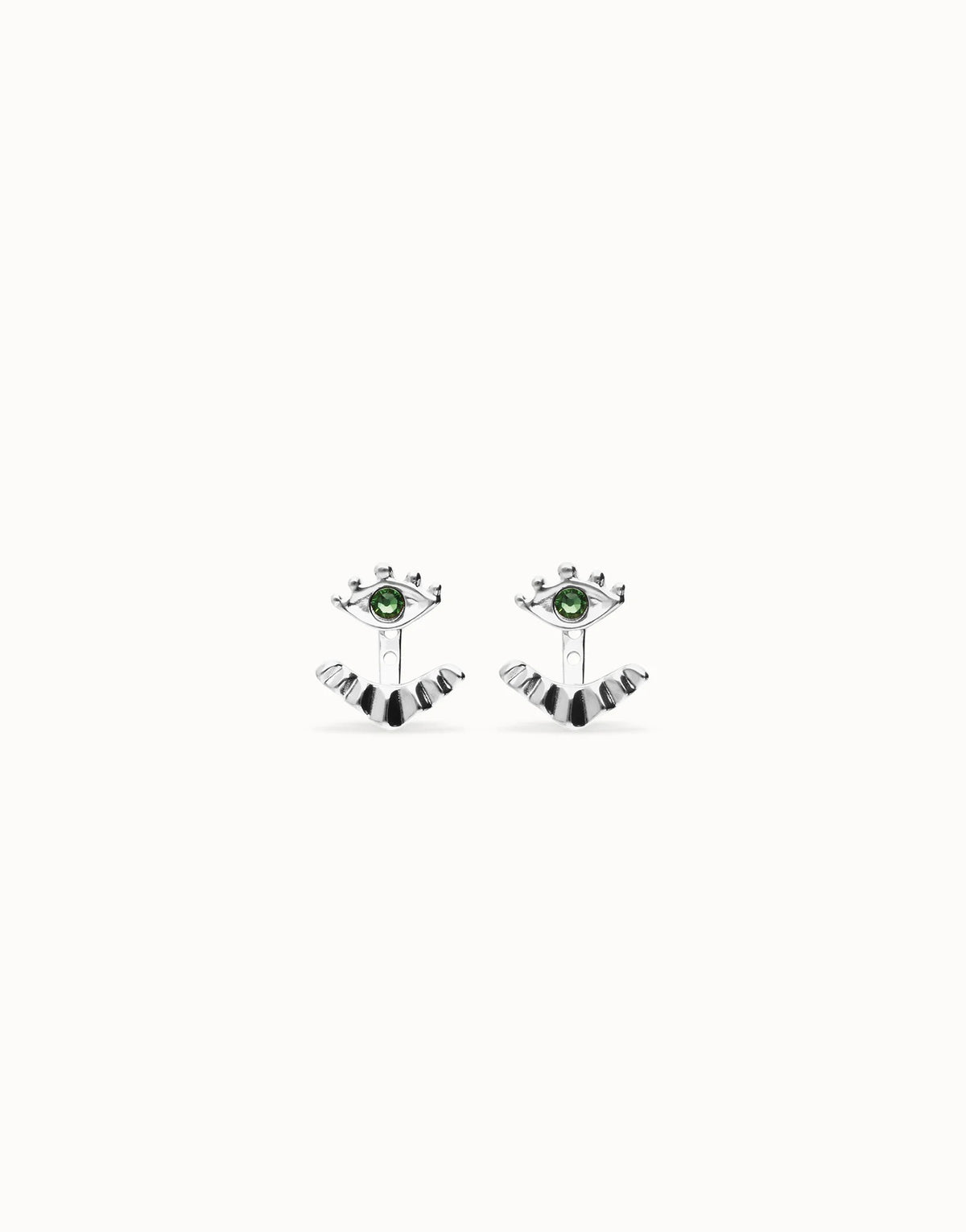 Earrings Plated In Sterling Silver With Detachable Eyelashes And A Green Faceted Crystal