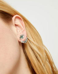 Earrings Plated In Sterling Silver With Detachable Eyelashes And A Green Faceted Crystal