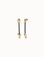 Leather And 18K Gold Plated Long Earrings With Hearts