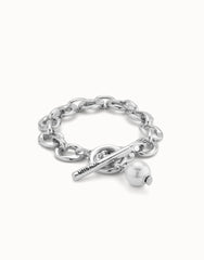 Large Link Chain Bracelet With a Pearl - Silver