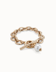 Large Link Chain Bracelet With a Pearl - Gold