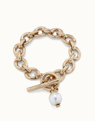 Large Link Chain Bracelet With a Pearl - Gold