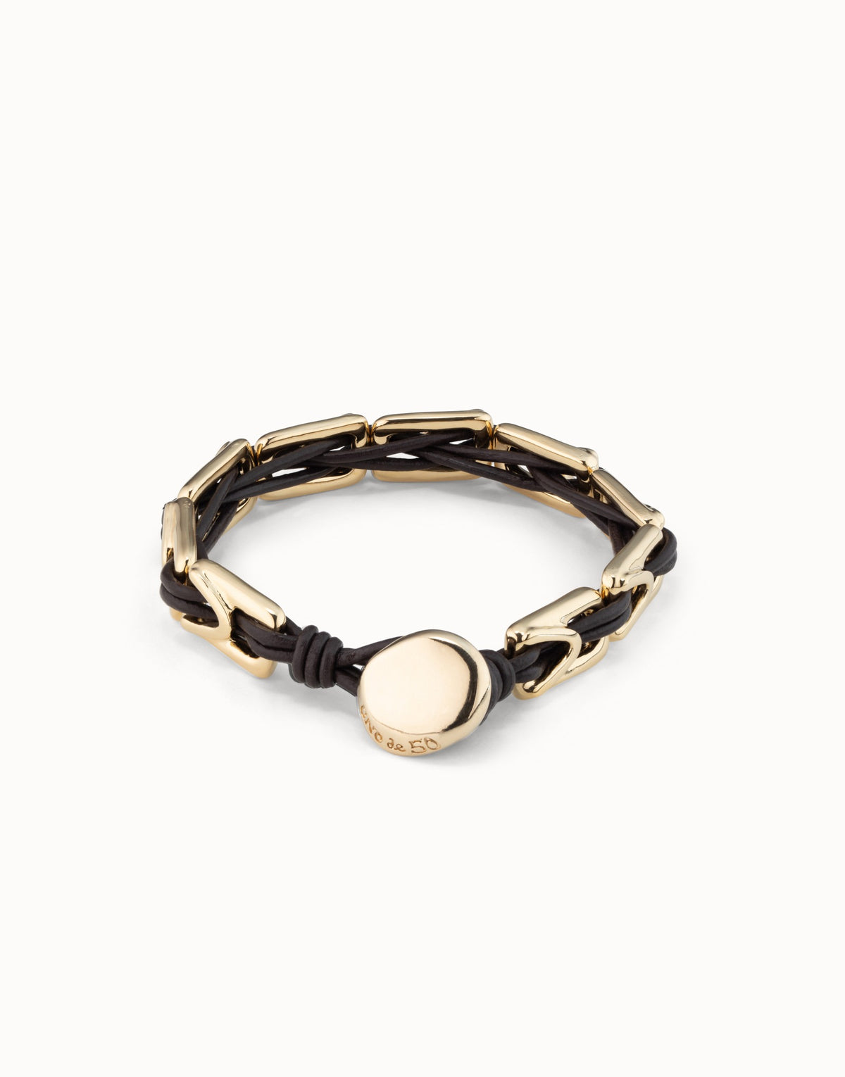 Leather Bracelet With Rectangular Links - Gold