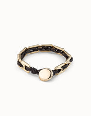Leather Bracelet With Rectangular Links - Gold
