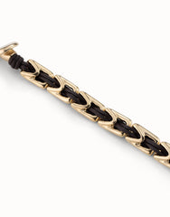 Leather Bracelet With Rectangular Links - Gold