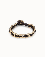 Leather Bracelet With Rectangular Links - Gold