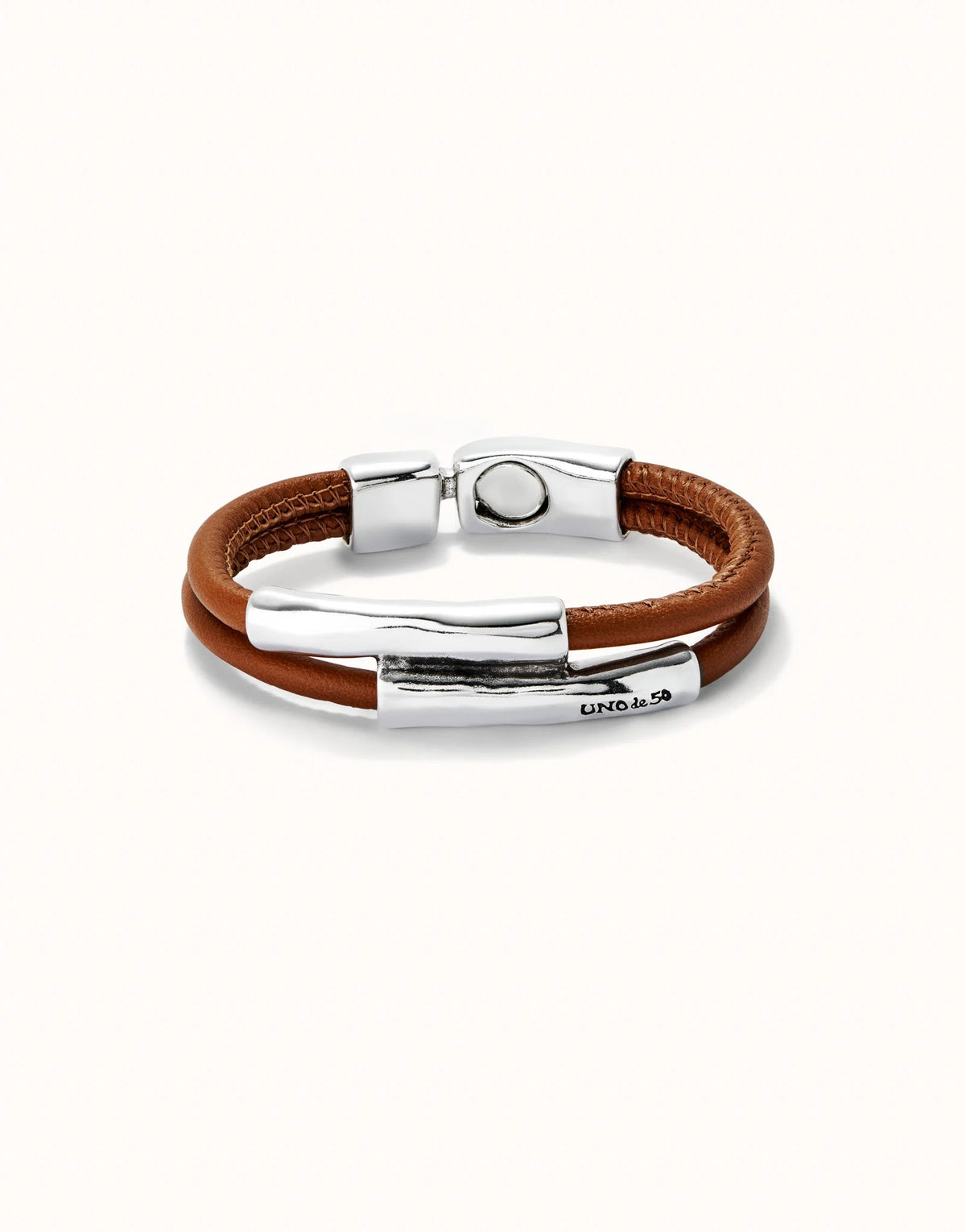 Double Camel Leather Bracelet With Two Metal Tubes