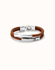 Double Camel Leather Bracelet With Two Metal Tubes