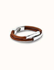 Double Camel Leather Bracelet With Two Metal Tubes