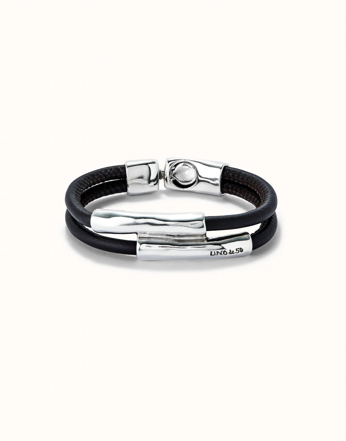 Double Brown Leather Bracelet With Two Metal Tubes