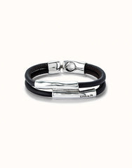 Double Brown Leather Bracelet With Two Metal Tubes