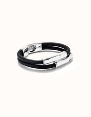 Double Brown Leather Bracelet With Two Metal Tubes
