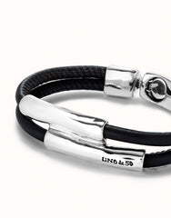 Double Brown Leather Bracelet With Two Metal Tubes