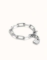 Paper Clip Link Bracelet With Padlock - Silver