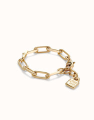 Paper Clip Link Bracelet With Padlock - Gold