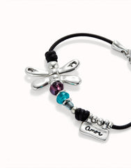 Leather Bracelet With Dragonfly And Multicolored Crystals