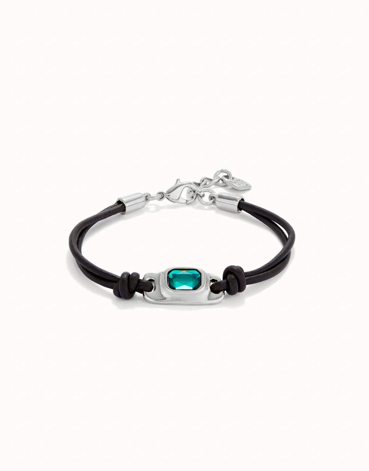 Leather Bracelet With A Green Crystal - Silver