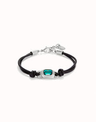 Leather Bracelet With A Green Crystal - Silver