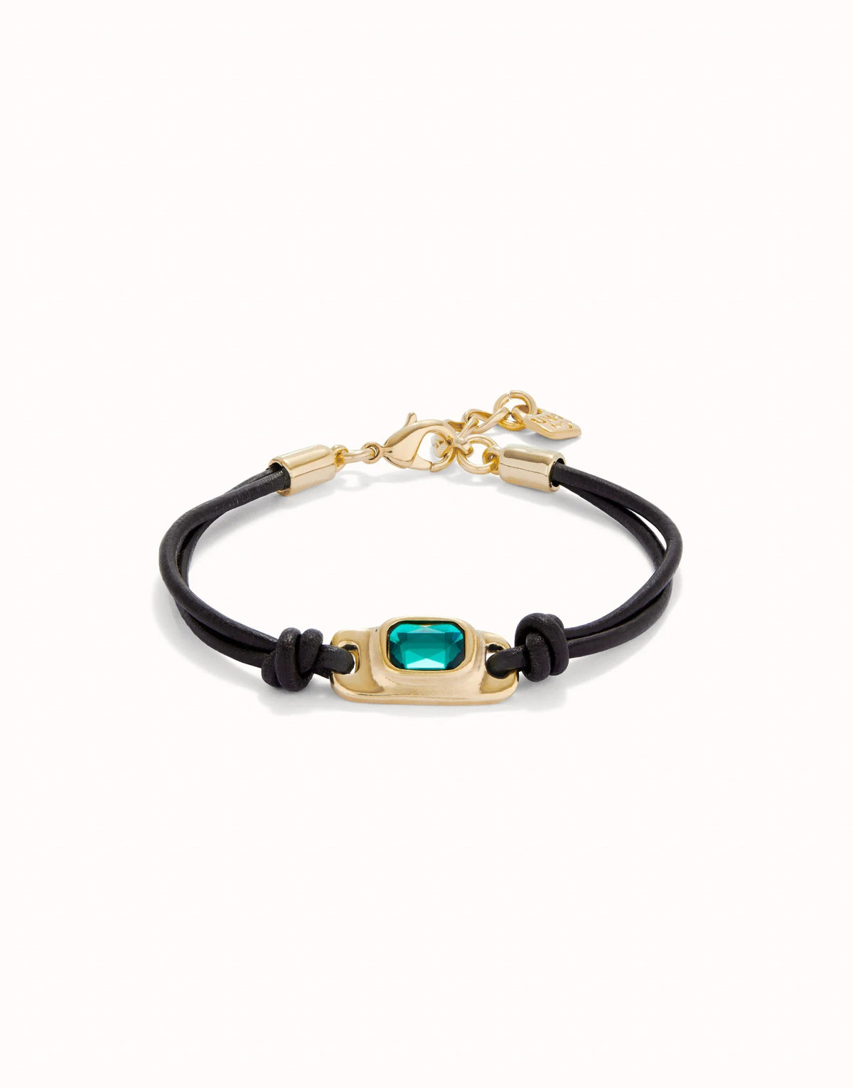 Leather Bracelet With A Green Crystal - Gold