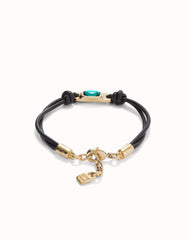 Leather Bracelet With A Green Crystal - Gold