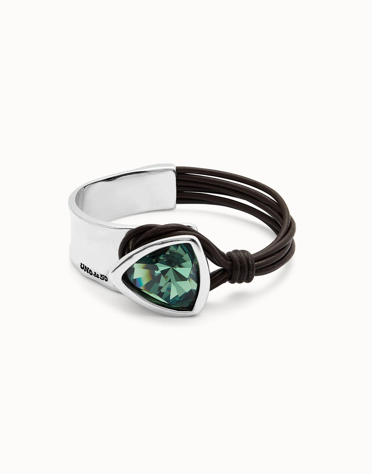 Bangle Bracelet With Leather And Large Faceted Green Crystal
