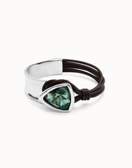 Bangle Bracelet With Leather And Large Faceted Green Crystal