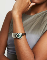 Bangle Bracelet With Leather And Large Faceted Green Crystal
