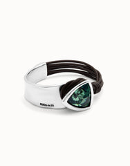 Bangle Bracelet With Leather And Large Faceted Green Crystal